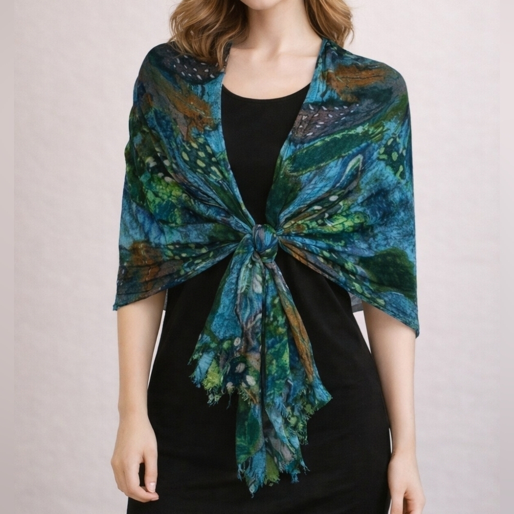 Artisan TURQUOISE Fairycore Coastal Watercolor Feathers Wrap Shawl